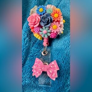 Colorful Floral Badge Reel with Pink Bow